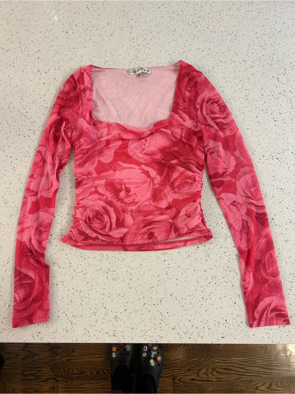 Madden Girl Pink Rose-Print Mesh Long Sleeve Top